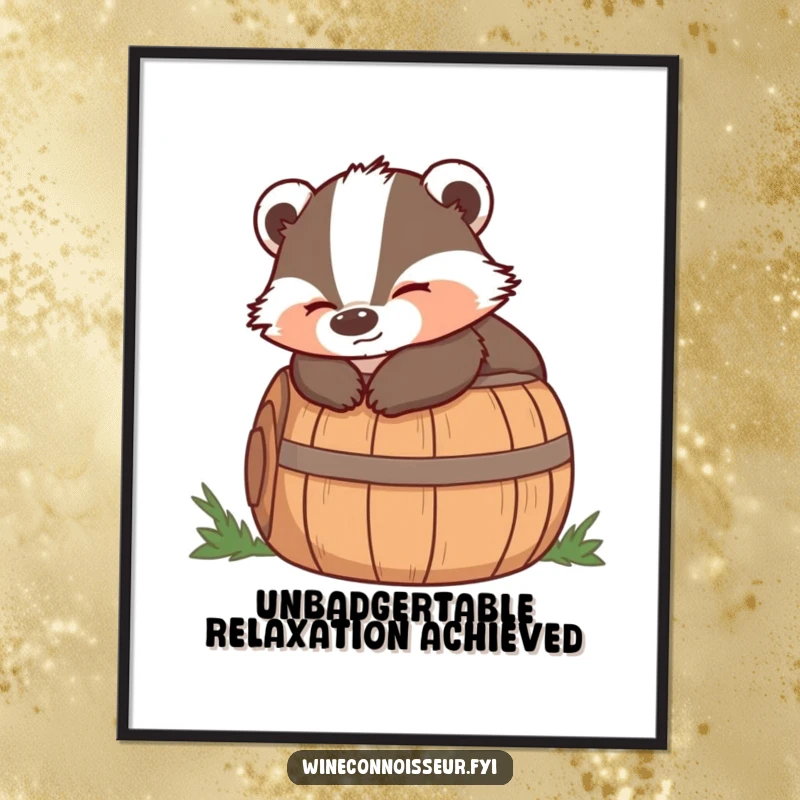 Funny Free Printable Wall Art of a wise badger character lounging contentedly on a barrel, exuding satisfaction and calm.