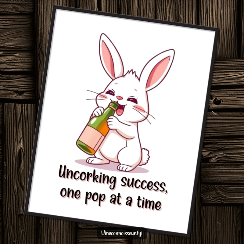 Funny Free Printable Wall Art: Determined rabbit enthusiastically uncorks a miniature wine bottle, radiating party vibes.