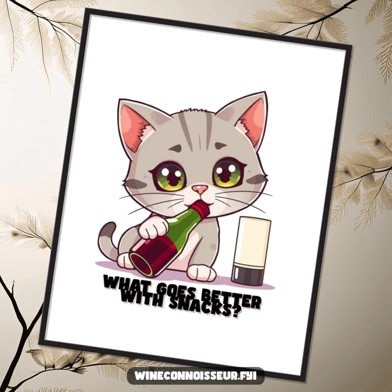 Funny Free Printable Wall Art: A curious cat intently sniffing a wine bottle with wide, saucer-like eyes.