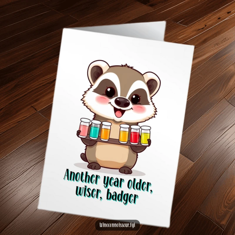 Funny free printable birthday card showing an excited badger offering tiny vials of liquid for tasting.