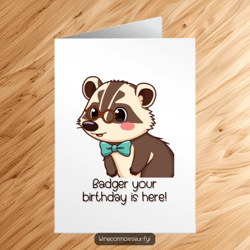 Funny Free Printable Birthday Card: Surprised badger in monocle and bow tie, looking dapper, downloadable gift.