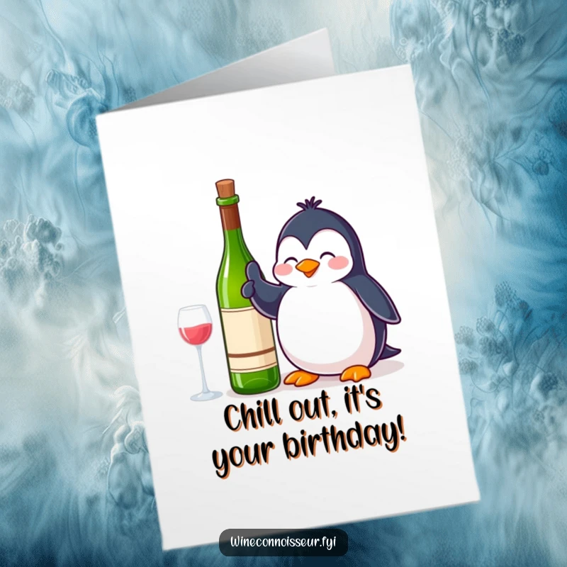 Funny Free Printable Birthday Card: A contented penguin giving a thumbs up next to a wine bottle, a cool digital download for birthdays.