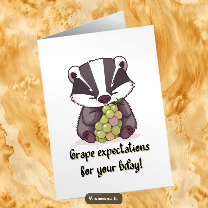 Funny Free Printable Birthday Card showing a determined badger intensely examining a grape, symbolizing focused birthday wishes.