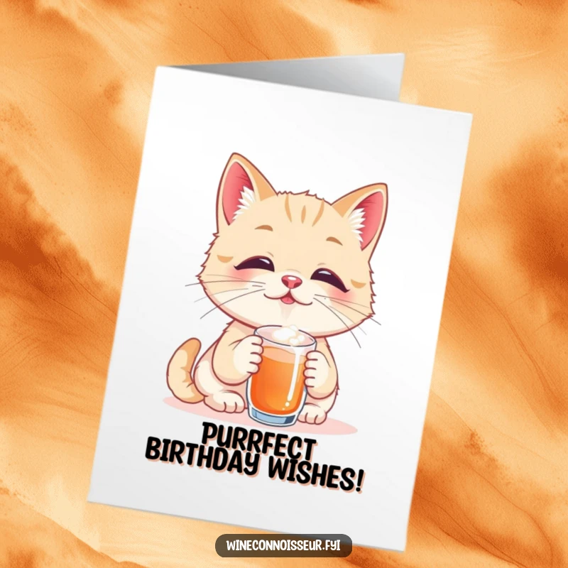 Funny Free Printable Birthday Card of a playful cat taster savoring a tiny sip with eyes closed in pure bliss.