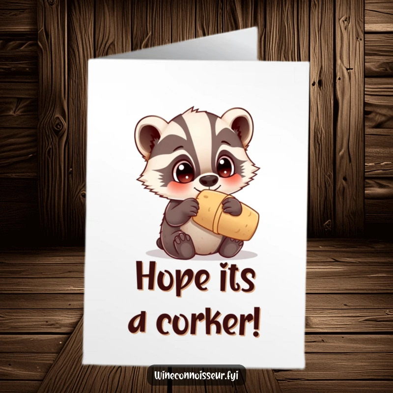 Funny Free Printable Birthday Card: Curious Kawaii badger inspects a cork with big, amazed eyes, a unique birthday wish.