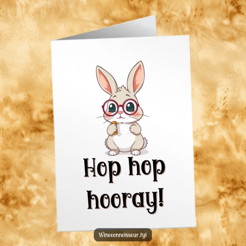 Funny Free Printable Birthday Card: A playful rabbit in a monocle meticulously examining a cork, ready for a fine occasion.