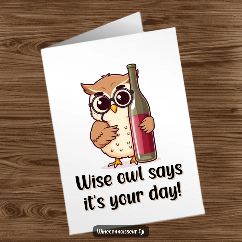 Funny Free Printable Birthday Card: Owl with monocle inspects wine bottle, thoughtful expression, perfect for wine enthusiasts.
