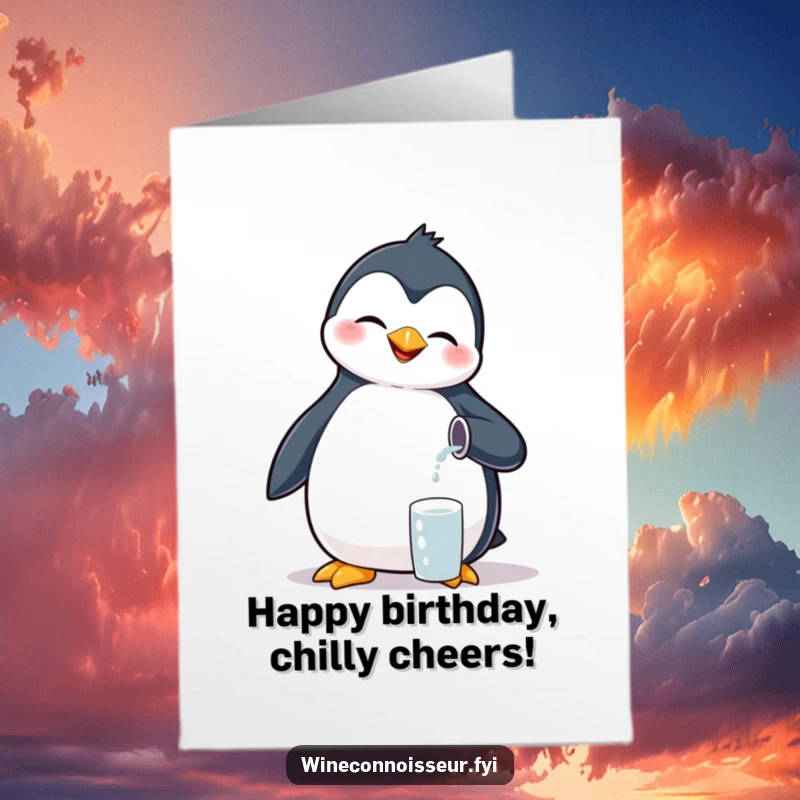 Funny Free Printable Birthday Card: A giggling penguin carefully pours a tiny drop of liquid, celebrating your special day with glee.