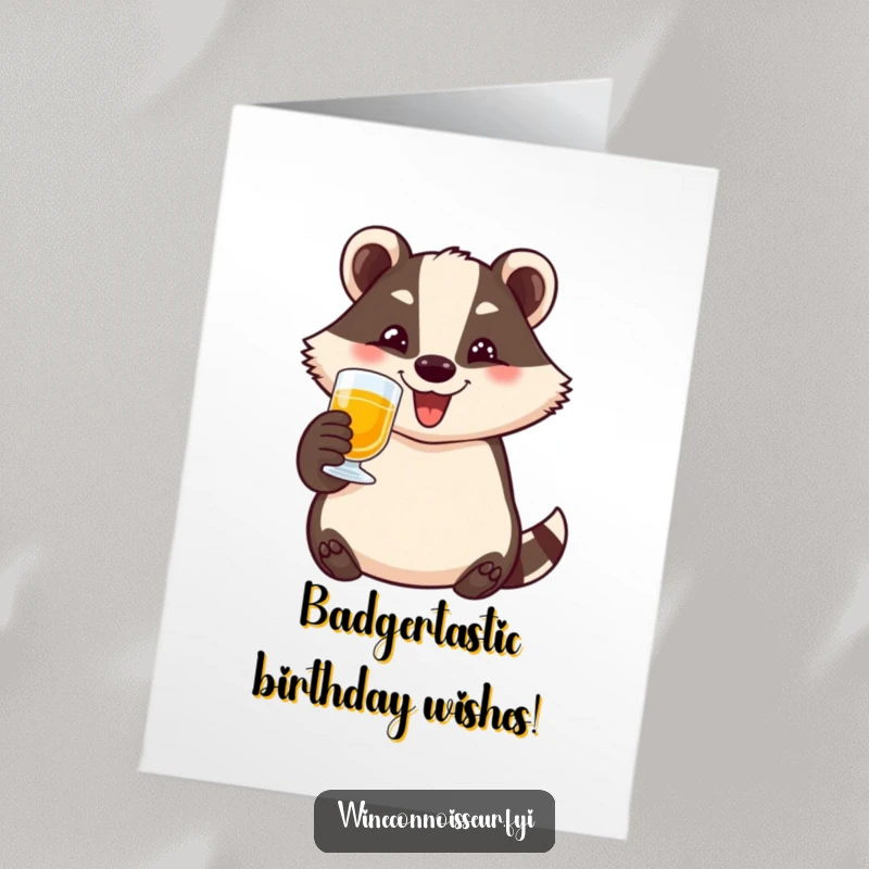 Funny Free Printable Birthday Card: Happy badger toasting with a tiny glass, wide grin, perfect for a downloadable joke gift.