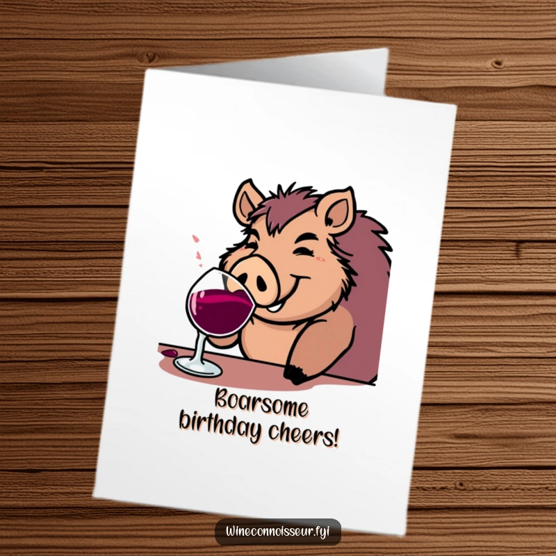 Funny Free Printable Birthday Card: A jovial boar happily sipping from a large wine goblet, perfect for a birthday toast.