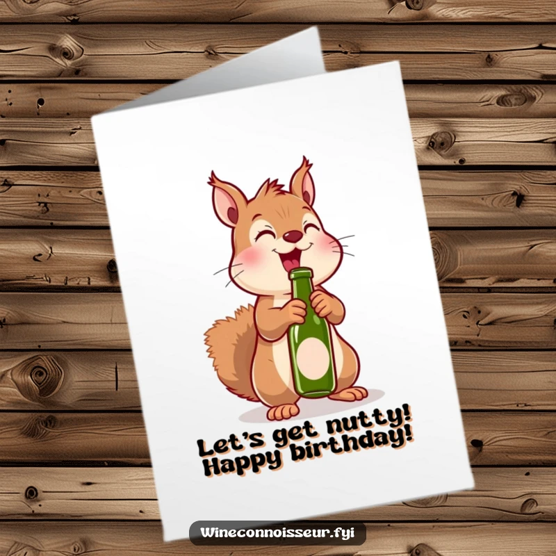 Funny Free Printable Birthday Card: Excited kawaii squirrel joyfully uncorking a tiny bottle with a pop. Festive and humorous.