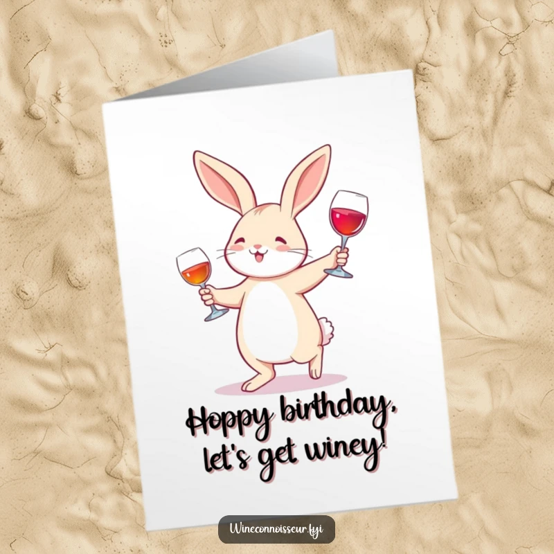 Funny Free Printable Birthday Card: A joyful rabbit gracefully waltzing with a wine glass, spreading birthday cheer with a digital download.
