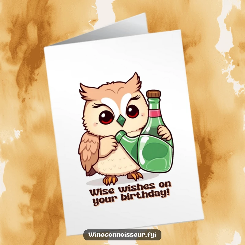 Funny Free Printable Birthday Card showing a playful owl thoughtfully sniffing a bottle, hinting at birthday surprises.