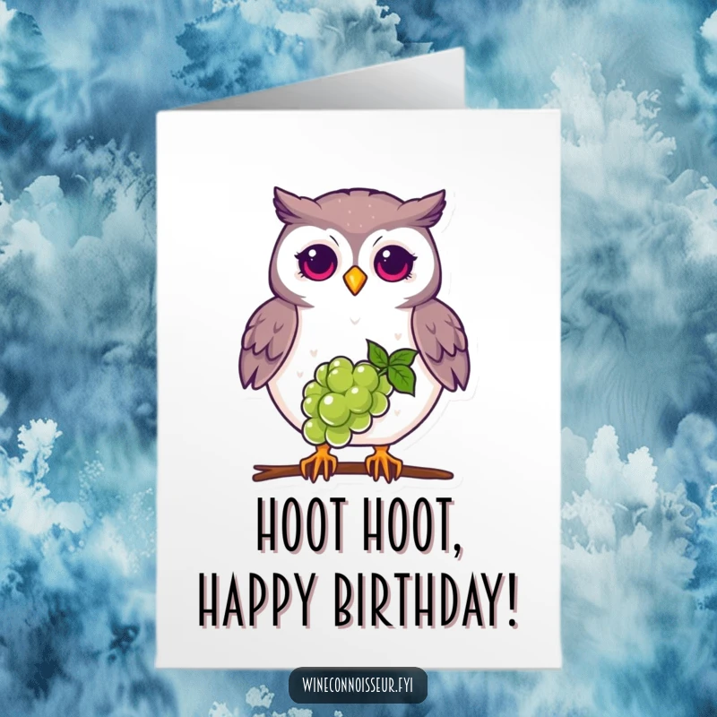 Funny Free Printable Birthday Card: A proud owl expertly balances a single grape on its beak, wishing you a perfectly balanced birthday.