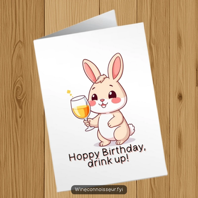 Funny Free Printable Birthday Card: Smiling rabbit character holding a wine glass with a flourish, perfect for a downloadable birthday toast.