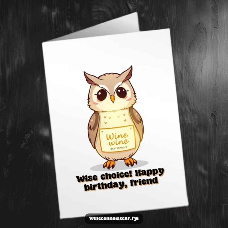 Funny Free Printable Birthday Card: A cute kawaii owl with glasses gently glowing a wine label. Wise and humorous.
