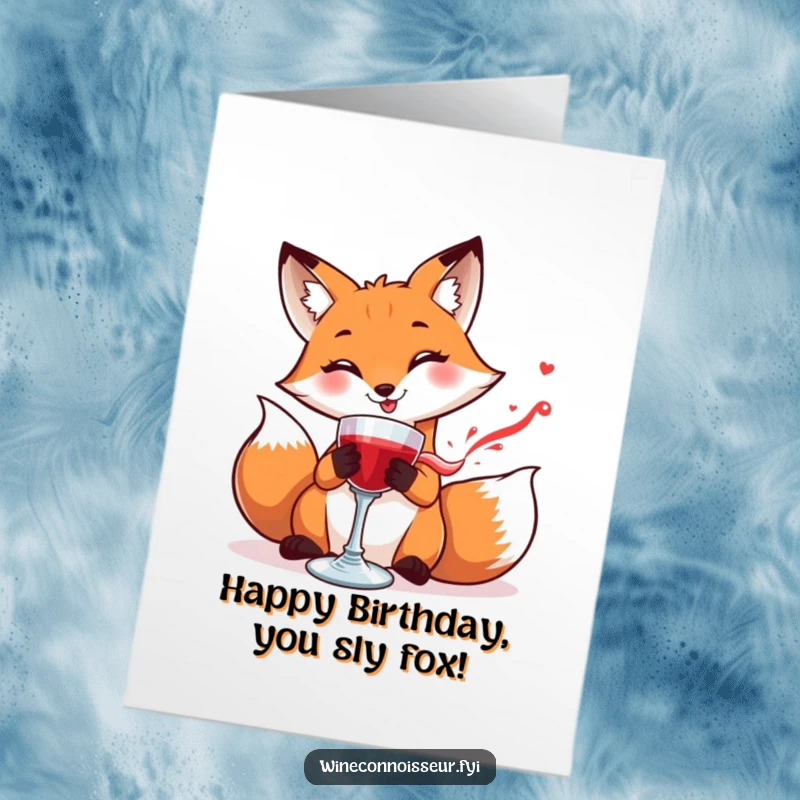 Funny Free Printable Birthday Card: Smiling fox carefully swirling a goblet of red liquid, celebrating a birthday with downloadable charm.
