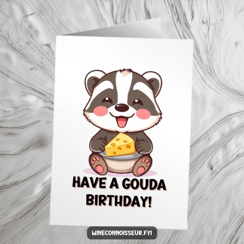 Funny Free Printable joyful badger presenting cheese, perfect for a birthday card, gourmet downloadable gift for food lovers.