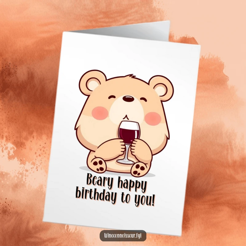 Funny Free Printable content bear sipping wine with pleasure, perfect for a birthday card, downloadable gift for wine lovers.