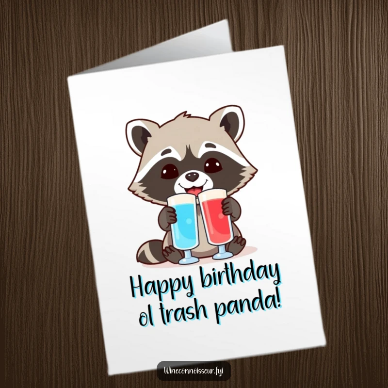 Funny free printable birthday card of a cheerful raccoon comparing two different colored liquid samples with scientific glee.