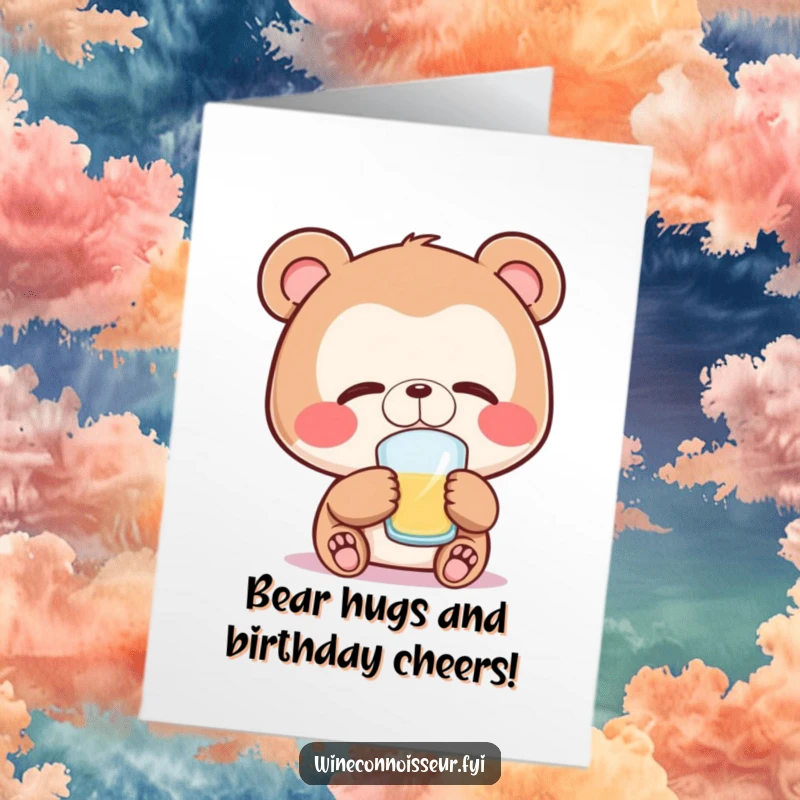 Funny Free Printable Birthday Card: Joyful bear with closed eyes, blissfully savoring a delightful sip.