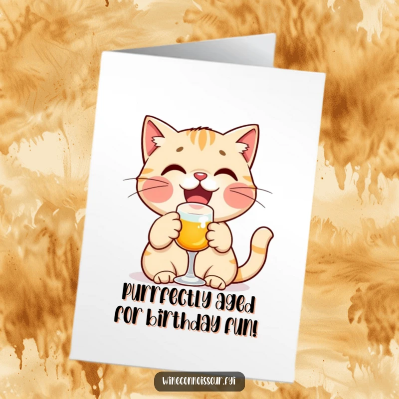 Funny Free Printable Birthday Card: A delighted cat character joyfully toasting with a tiny glass, celebrating.