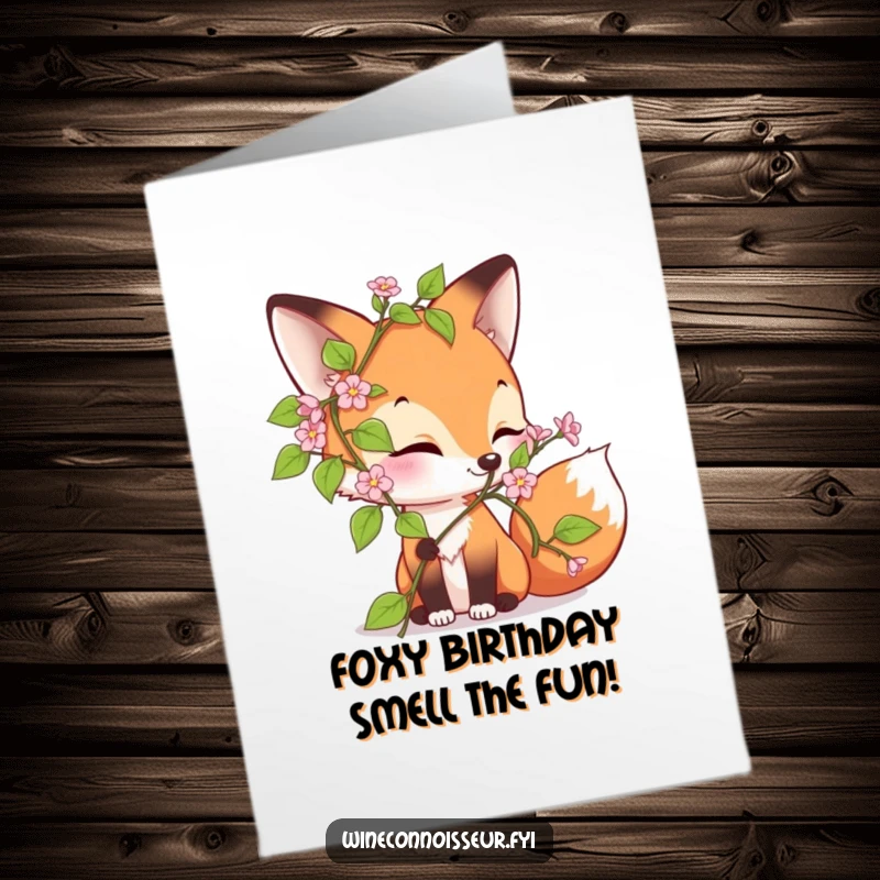 Funny Free Printable Birthday Card: Curious fox delightedly sniffing a blooming vine, celebrating life, downloadable gift card.