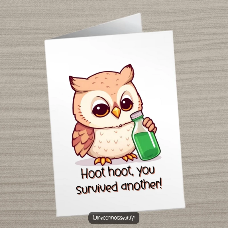 Funny Free Printable Birthday Card: A wise owl in glasses intently studies a tiny potion bottle with a curious expression.