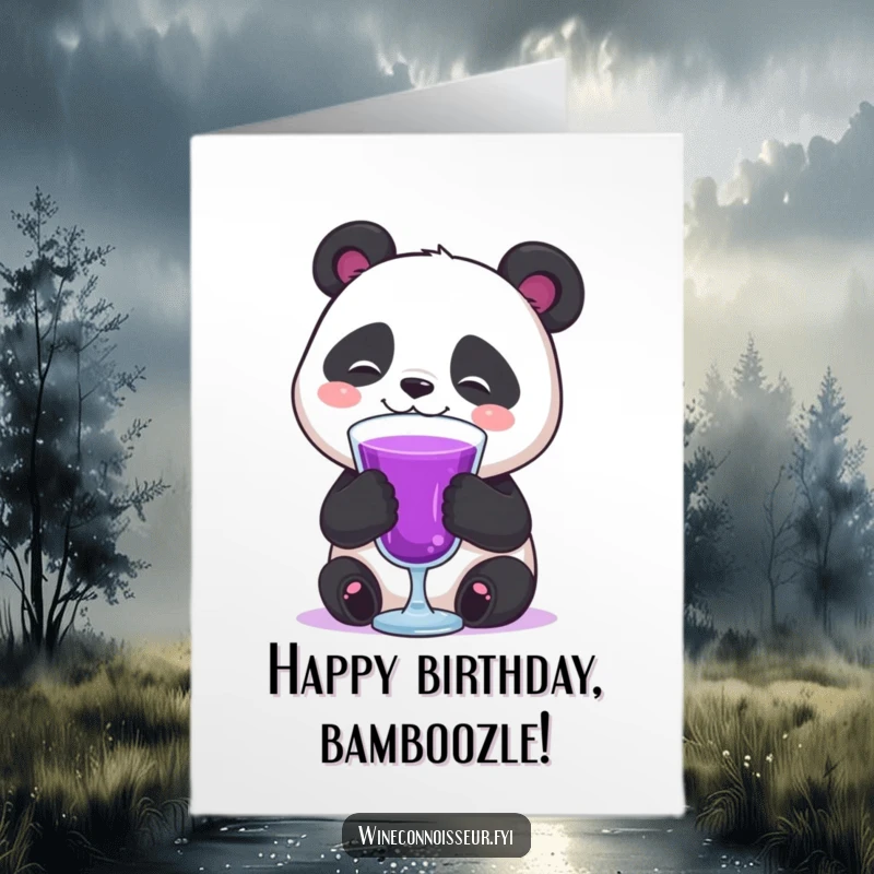 Funny Free Printable Birthday Card: A happy panda savoring a purple drink with a contented sigh, celebrating in style.