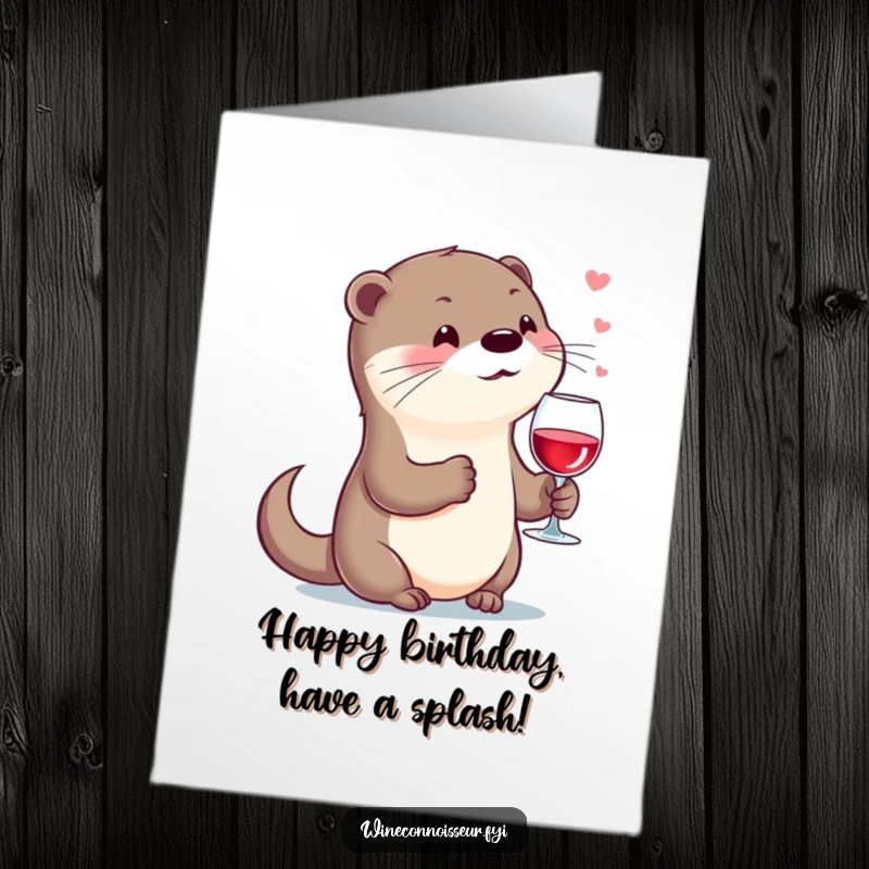 Funny Free Printable Birthday Card: A content kawaii otter holding a wine glass, sighing appreciatively, perfect for a birthday toast.