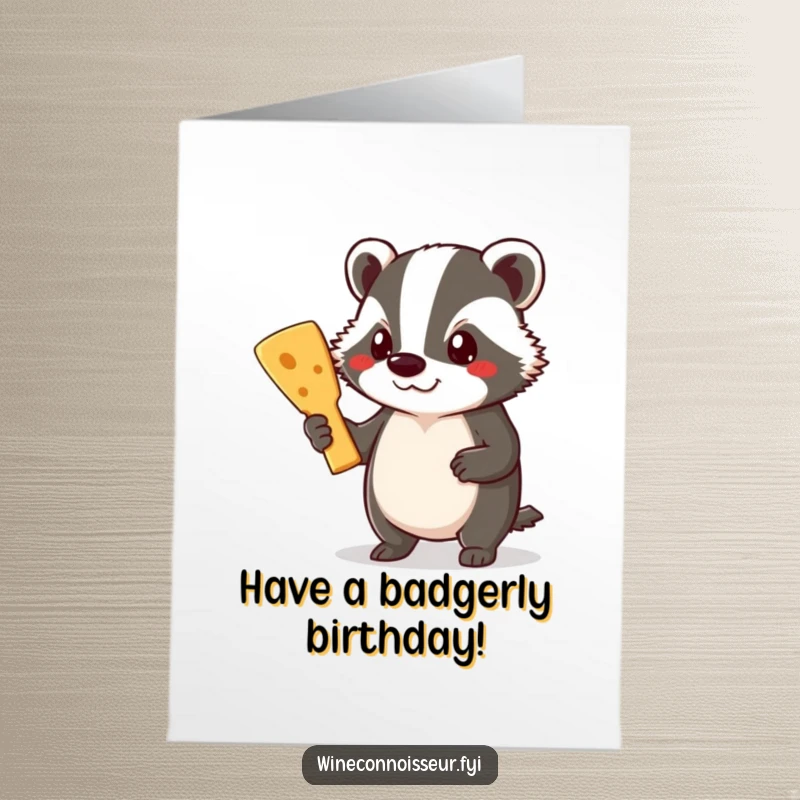 Funny Free Printable Birthday Card: A determined badger proudly presents a delicious cheese board.
