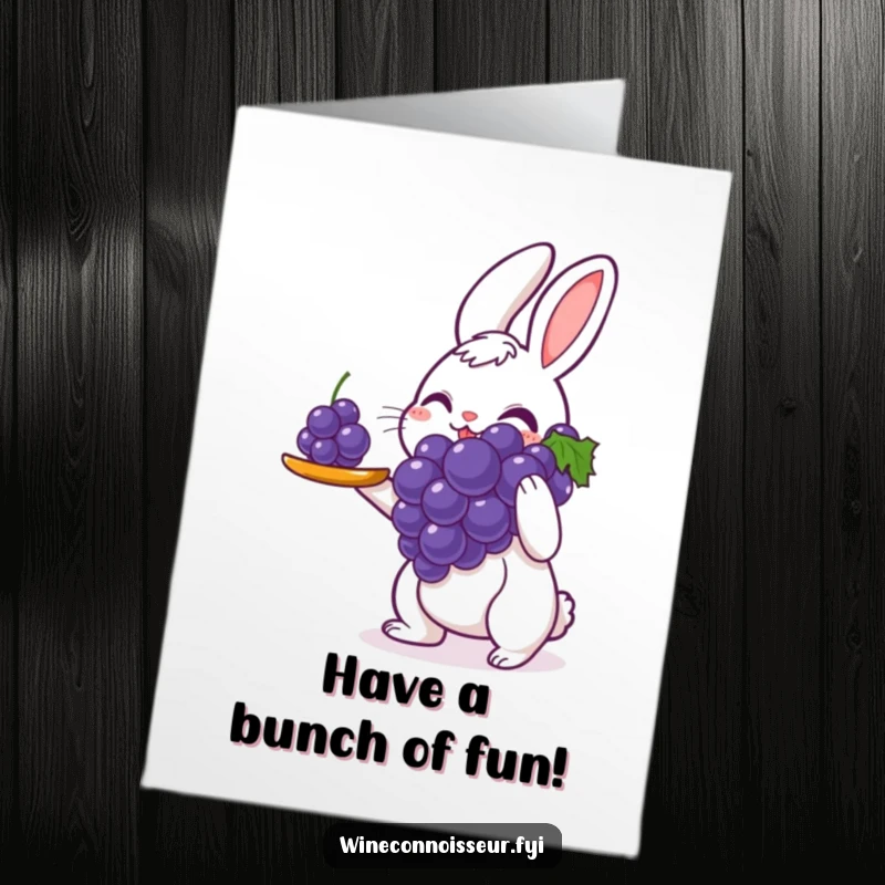 Funny Free Printable Birthday Card of a delighted rabbit server presenting a single perfect grape with utmost care.