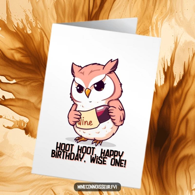 Funny free printable birthday card featuring a determined Kawaii owl character studying a wine label intently, ready for celebration.