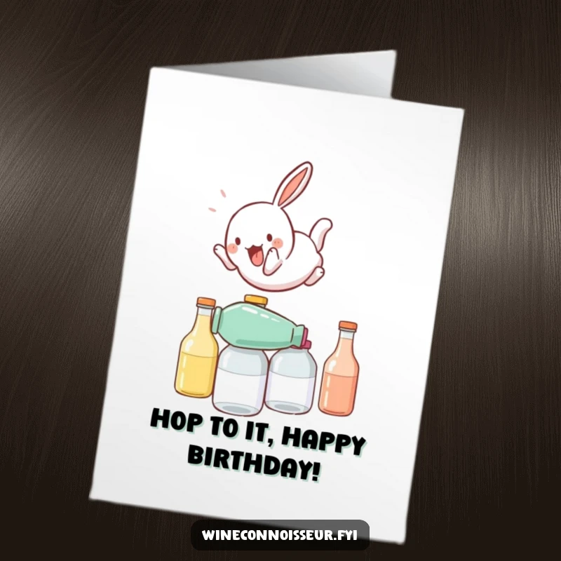 Funny Free Printable Birthday Card: Playful rabbit somersaulting over stacked bottles, full of birthday energy, downloadable gift card.