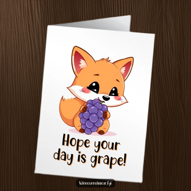 Funny free printable birthday card showing a cheerful fox discerningly sniffing a single grape with a thoughtful expression.