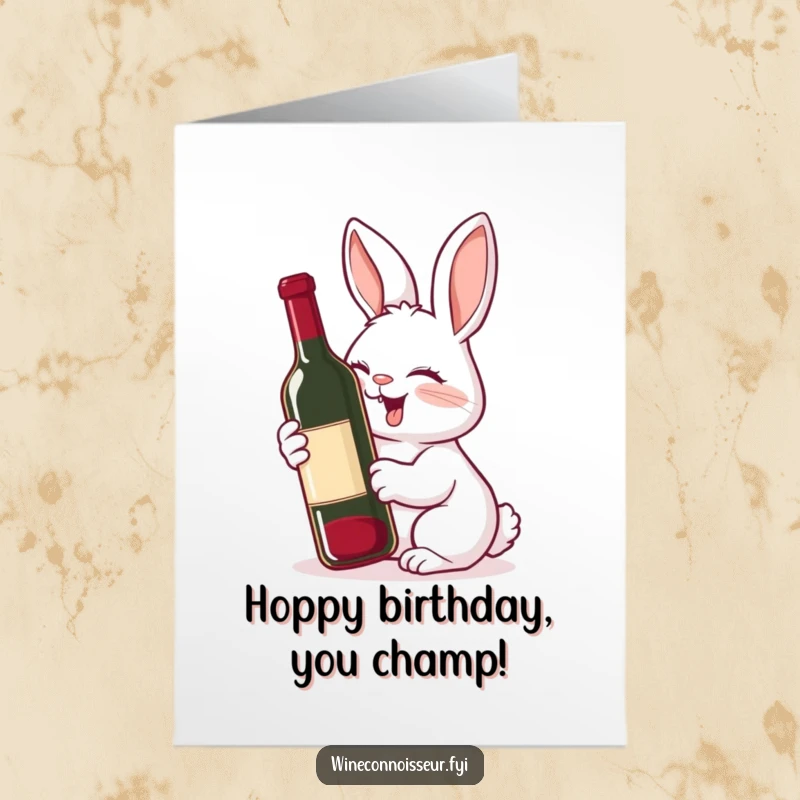 Funny Free Printable Birthday Card: Giggling rabbit with a delighted expression sniffs a wine bottle, celebrating a birthday with downloadable joy.