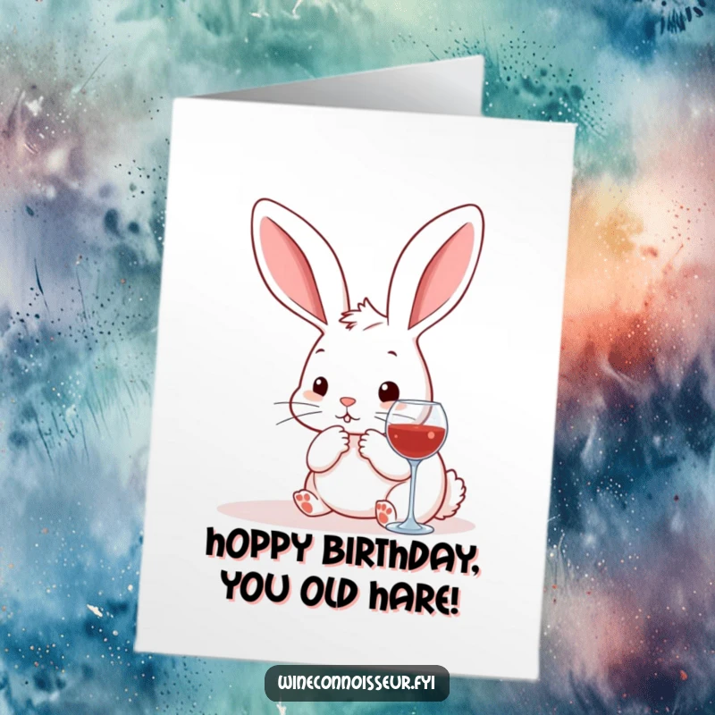 Funny Free Printable Birthday Card: Kawaii rabbit with wine glass, thoughtfully considering pairings.