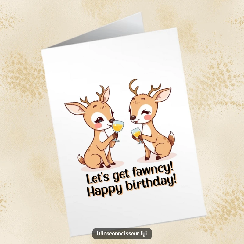 Funny Free Printable Birthday Card: Two cute kawaii deer animatedly discussing something, possibly wine notes. Friendly and humorous.