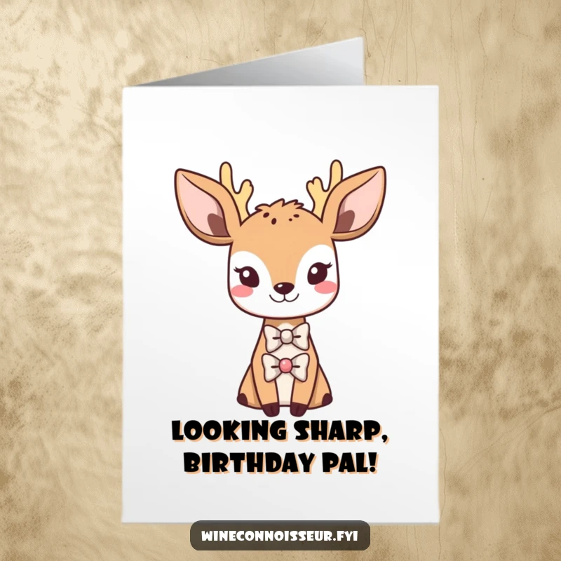 Funny Free Printable Birthday Card: Sophisticated Kawaii deer wearing a tiny bowtie, a stylish birthday greeting.