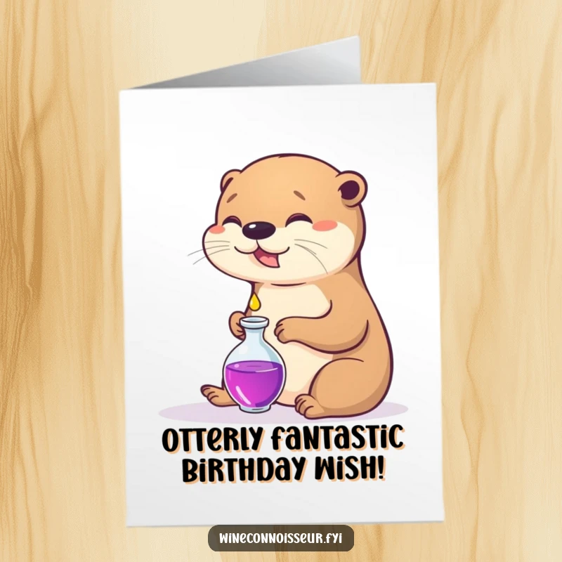 Funny Free Printable birthday card featuring a contented otter carefully pouring a tiny droplet into a small decanter.