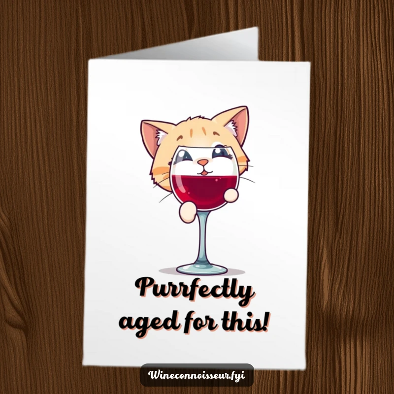 Funny Free Printable Birthday Card: Playful cat character peering into a wine glass with intrigue, perfect for a downloadable birthday surprise.