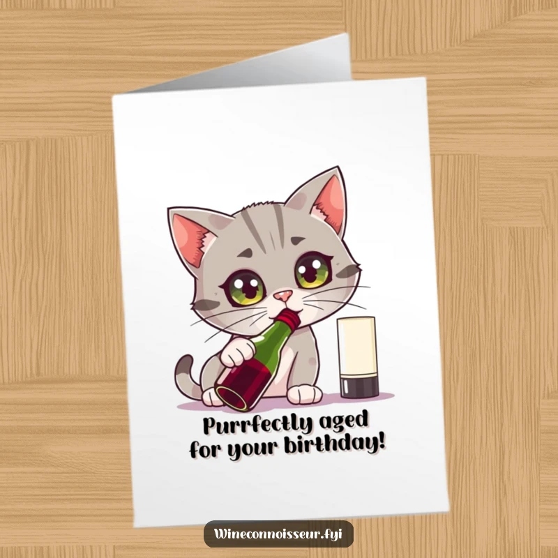 Funny Free Printable Birthday Card: A curious cat intensely sniffing a wine bottle with wide eyes.
