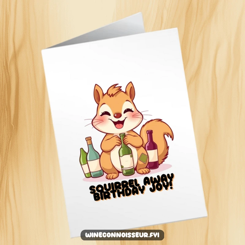 Funny Free Printable Birthday Card: A giggling squirrel proudly displays a collection of tiny wine bottles.