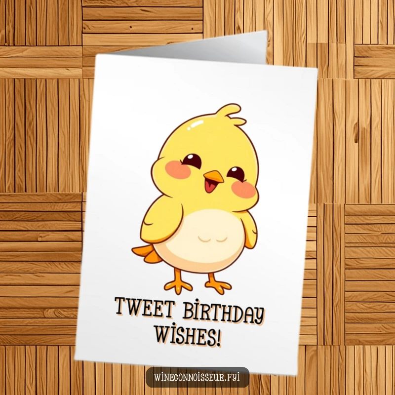 Funny Free Printable Birthday Card: A joyful yellow bird nods thoughtfully with a pleased expression.