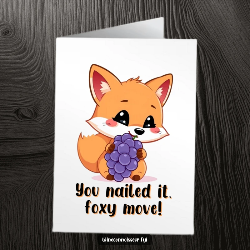 Funny free printable congratulations card featuring a cheerful fox carefully sniffing a grape with a discerning, approving look.