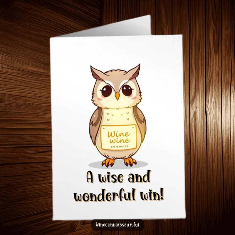 Funny Free Printable Congratulations Card: A sweet kawaii owl casting a gentle glow on a wine label. Celebratory and wise.