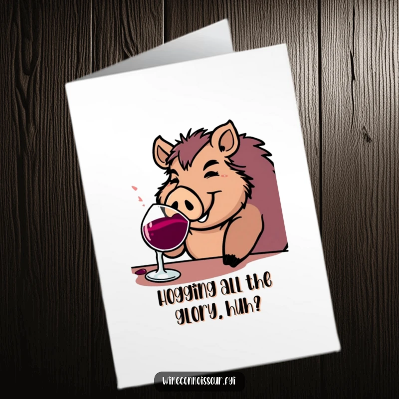 Funny Free Printable Congratulations Card: A jovial boar contentedly sipping from a substantial wine goblet, celebrating a win with gusto.