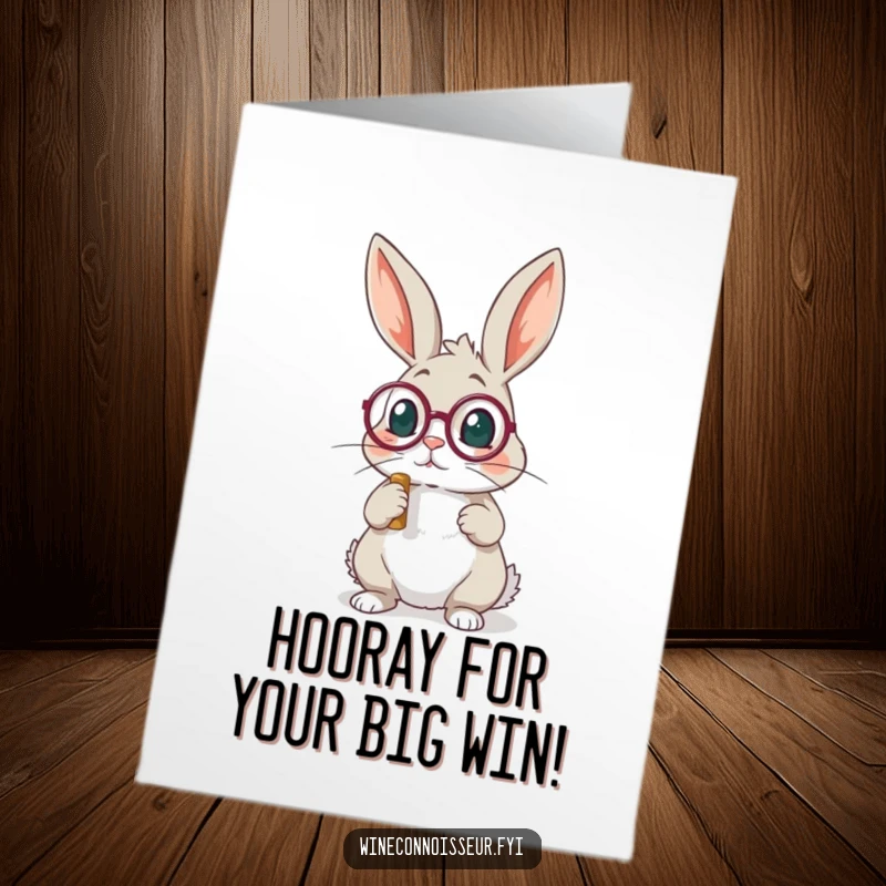 Funny Free Printable Congratulations Card: An elegant rabbit wearing a monocle, closely inspecting a cork, symbolizing refined success.