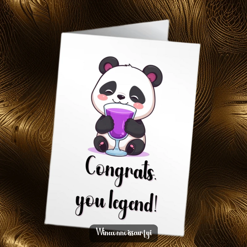 Funny Free Printable Congratulations Card: A contented panda swirling a purple beverage, toasting to success with a happy sigh.