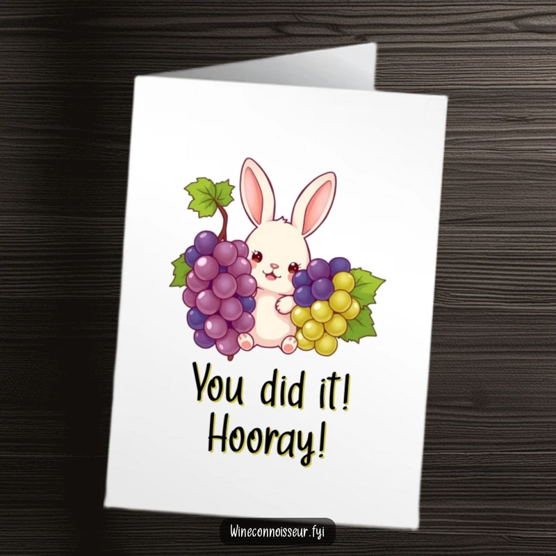 Funny Free Printable Congrats Card: Cheeky rabbit peeking from grapes, celebrating big wins. Perfect downloadable.